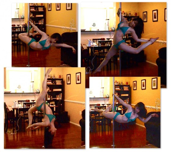 From top left clockwise: superman variation, elbow grip variation, closed inside leg hang (contortion scorpio), another superman variation